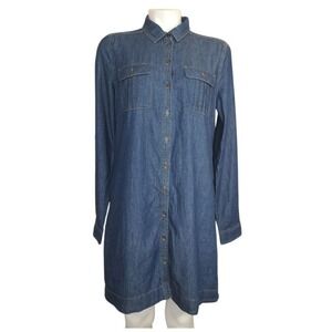 New Look Women's Shirt Dress‎ Size M Blue Denim Tunic Button-Up Roll-Tab Sleeves